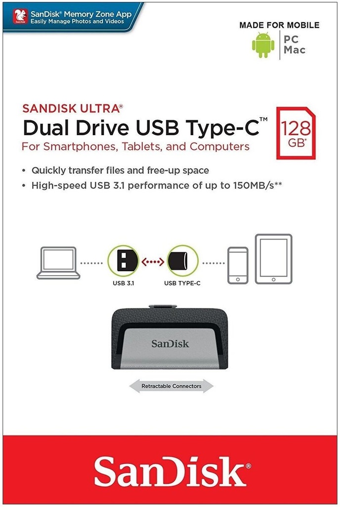 SanDisk Ultra Dual Drive USB 3.1 Type-C Flash Drive - 128GB